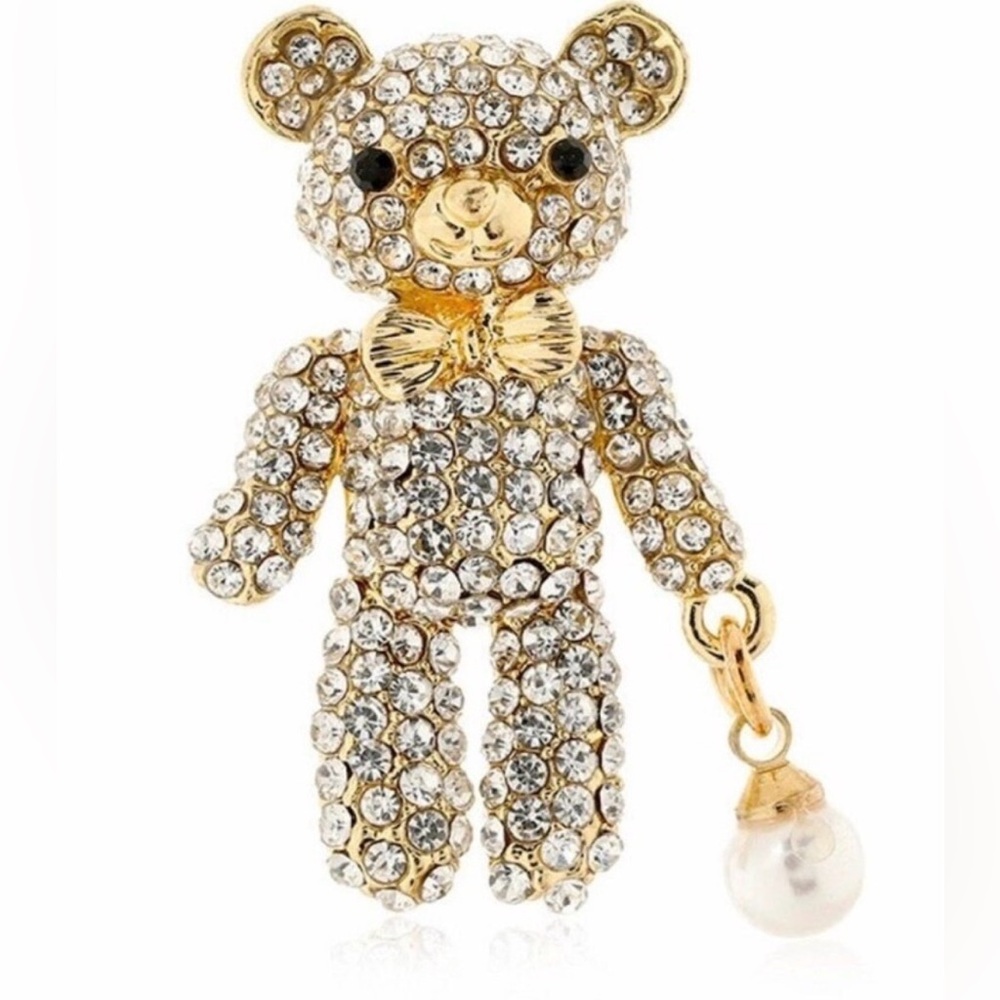 Rhinestone Teddy Bear Brooch with Pearl Charm - Gold Tone